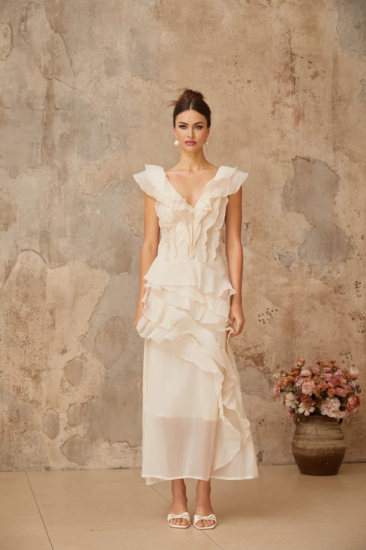 Jocelyn Maxi Dress Neutrals Ruffled Floral