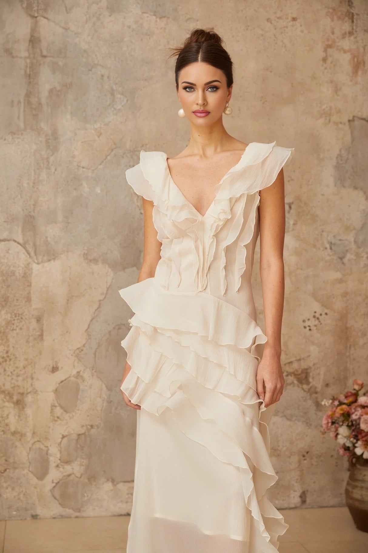 Jocelyn Maxi Dress Neutrals Ruffled Floral