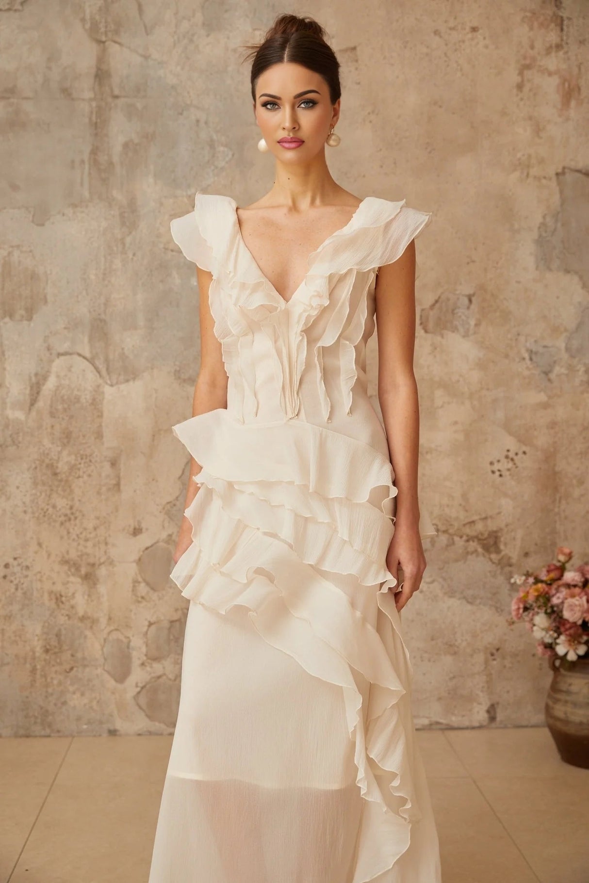 Jocelyn Maxi Dress Neutrals Ruffled Floral