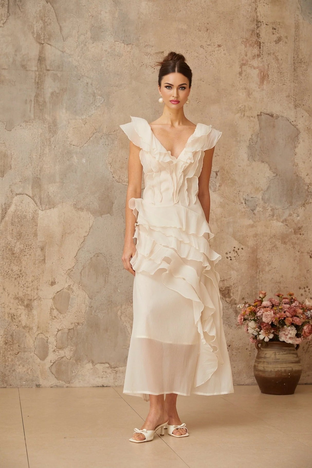 Jocelyn Maxi Dress Neutrals Ruffled Floral