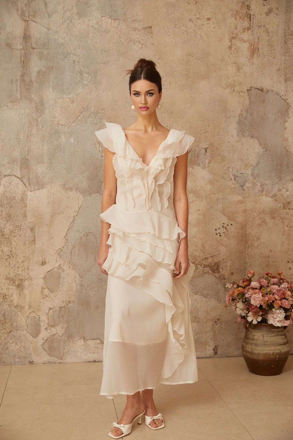 Jocelyn Maxi Dress Neutrals Ruffled Floral