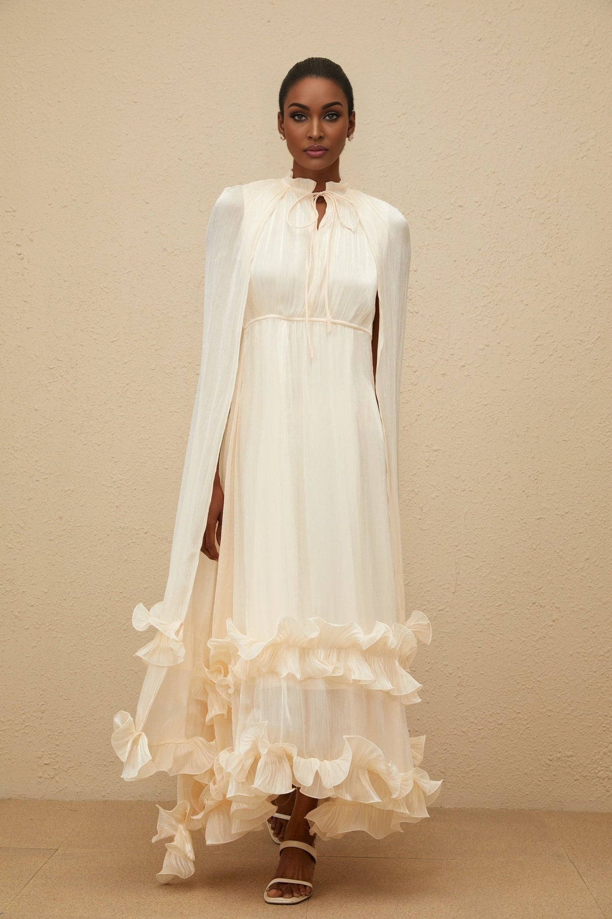 Jocelyn Midi Dress - Frilled Neck - Cape Design - Glossy Finish - Fully Pleated - Ruffled Trim