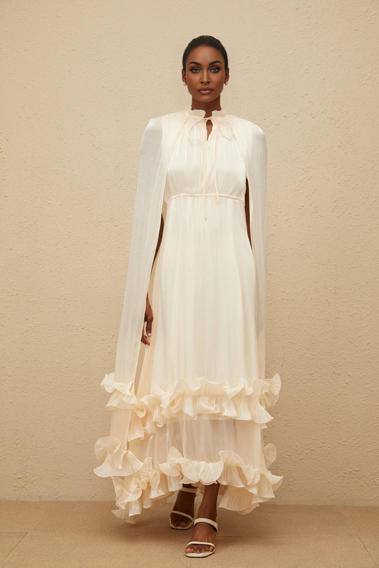 Jocelyn Midi Dress - Frilled Neck - Cape Design - Glossy Finish - Fully Pleated - Ruffled Trim