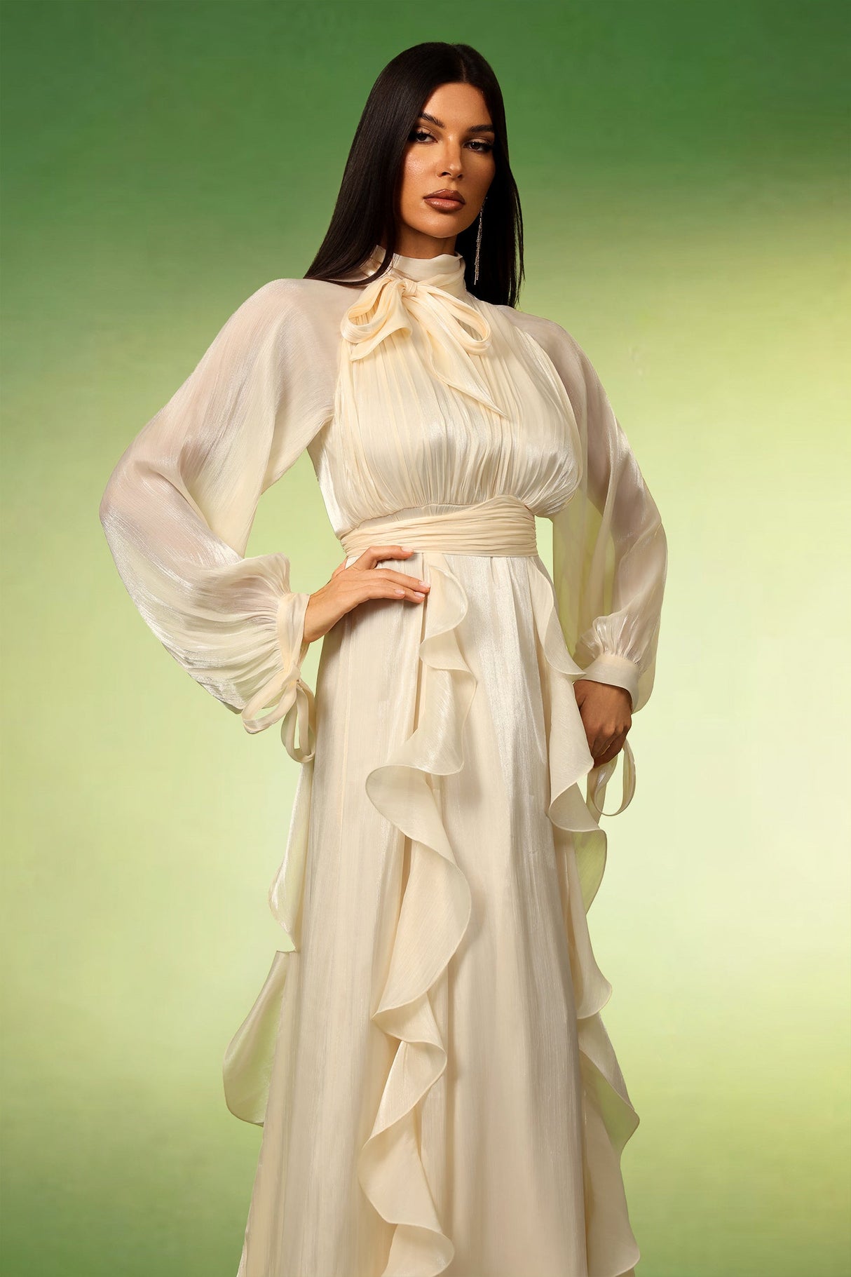 Johanna Beige Ruffle Detail High Neck Dress