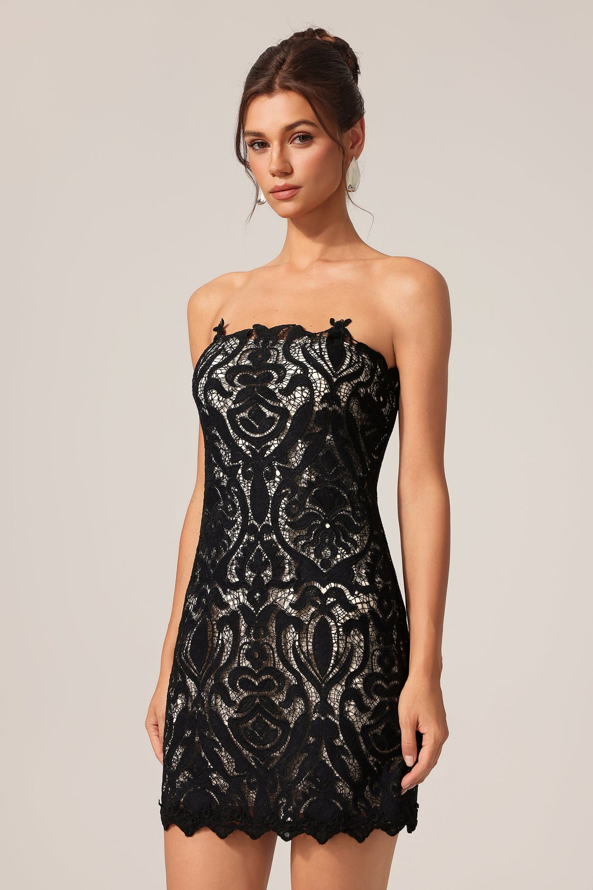 Johanna Black Lace Mini Dress Strapless Elegant Feminine Glamorous Scalloped Hemline