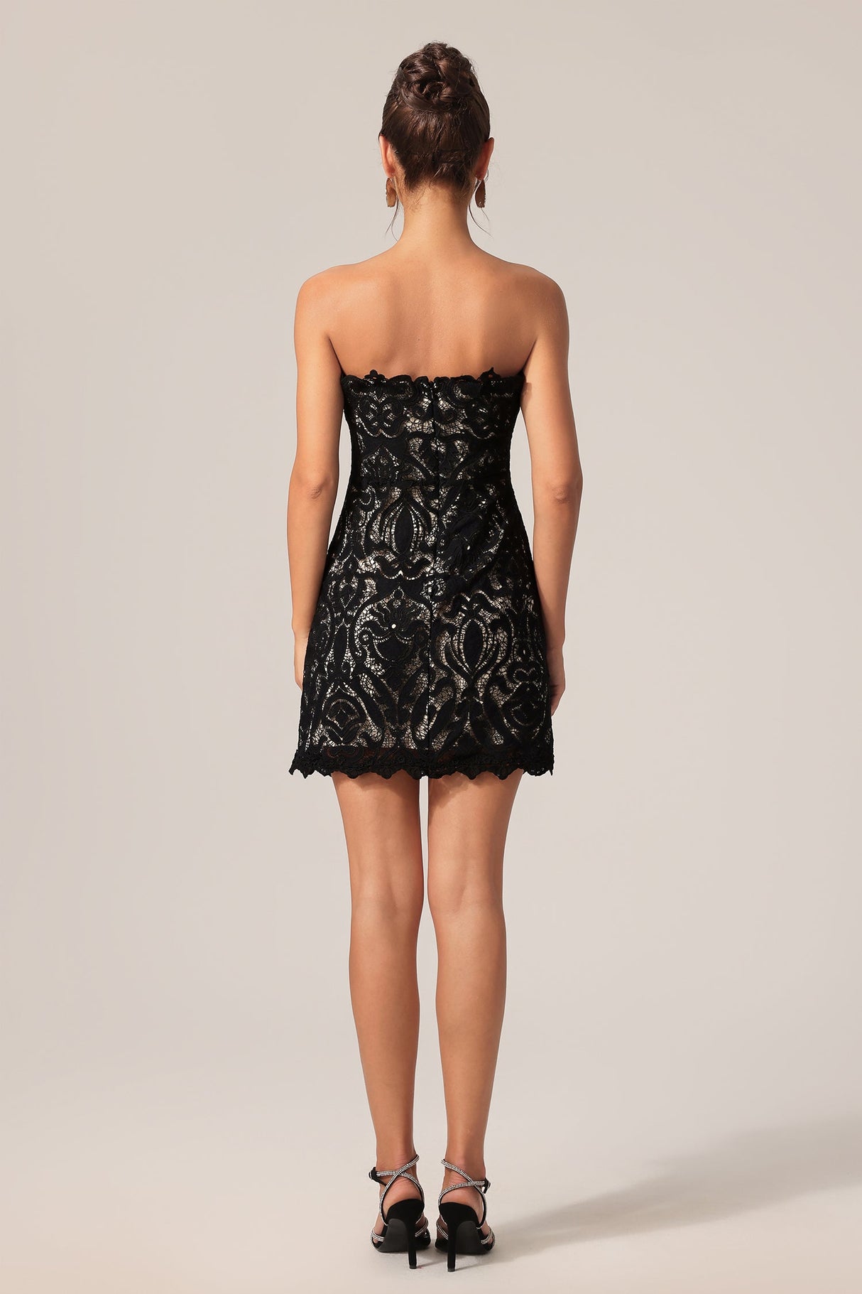 Johanna Black Lace Mini Dress Strapless Elegant Fit Feel Scalloped Hemline