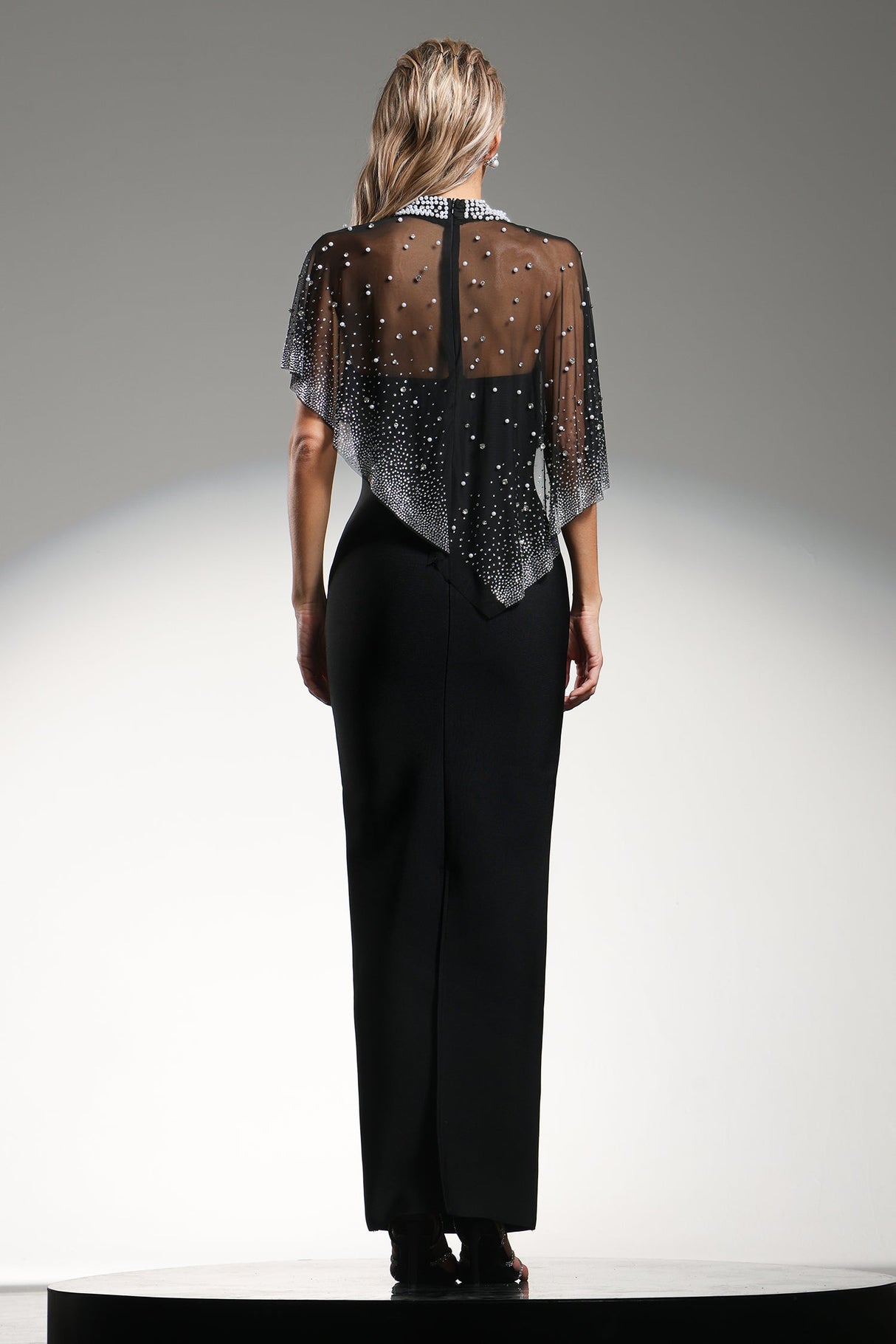 Johanna Black Maxi Dress with Diamond Pearl Detailing and Layered Cape Design
