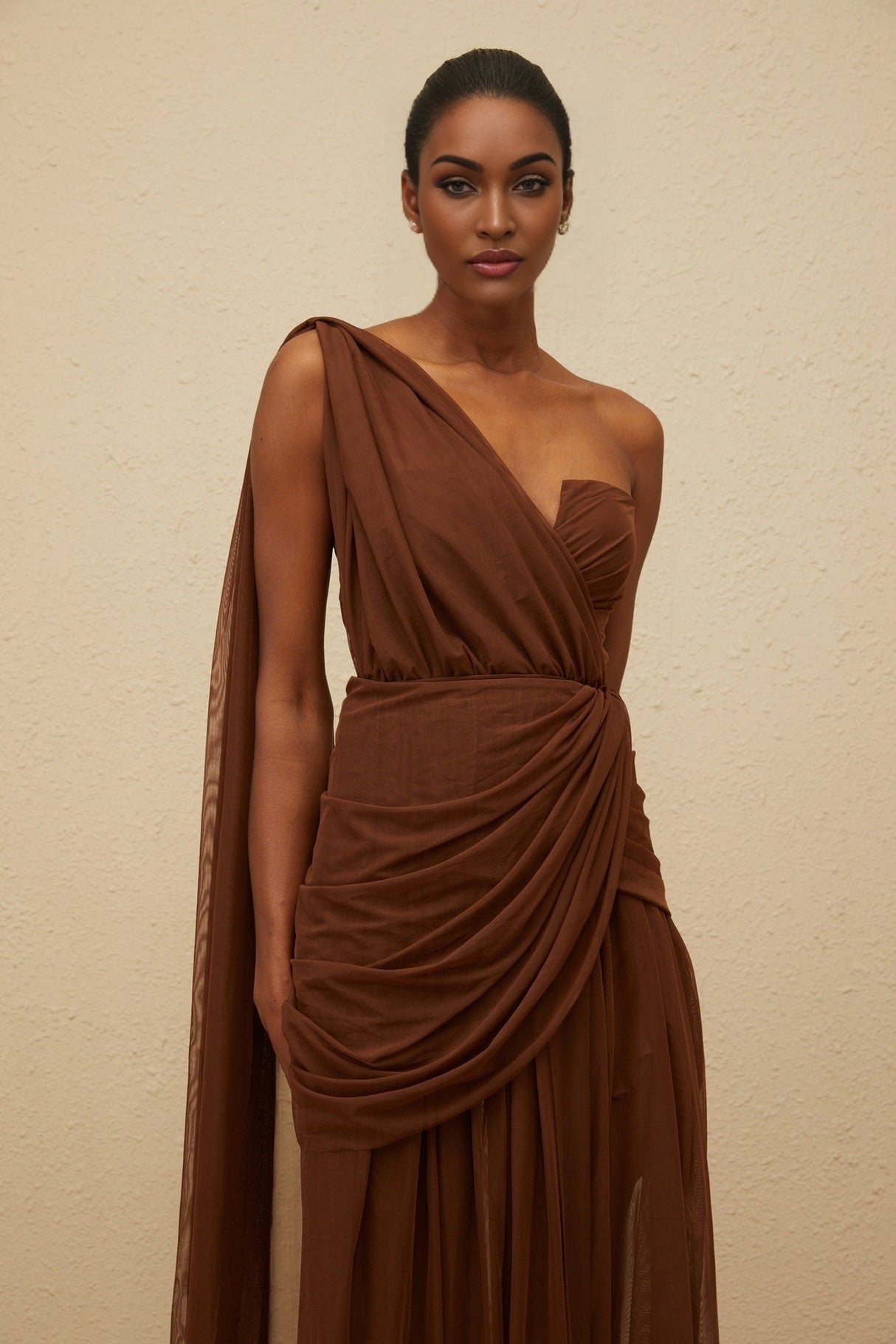 Jolanda Gown - One Shoulder Design - Cinched Waist - Ruched Detailing - Asymmetrical Style - Maxi Length