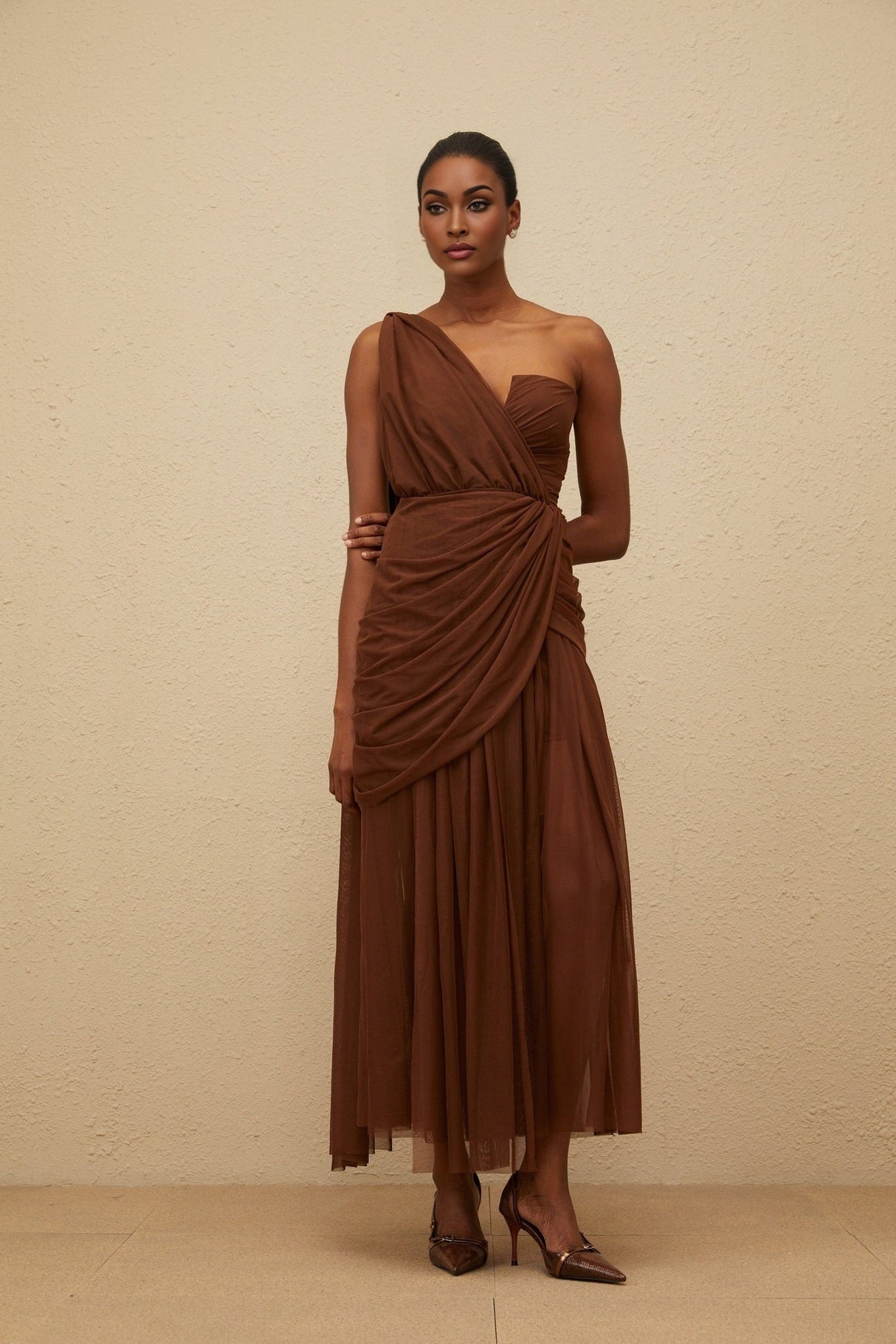 Jolanda Gown - One Shoulder Design - Cinched Waist - Ruched Detailing - Asymmetrical Style - Maxi Length