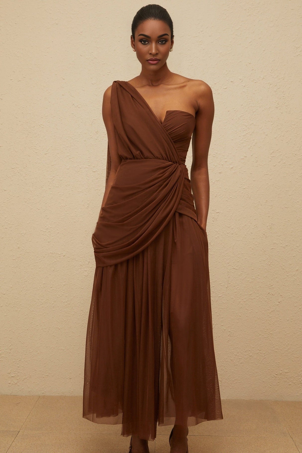Jolanda Gown - One Shoulder Design - Cinched Waist - Ruched Detailing - Asymmetrical Style - Maxi Length