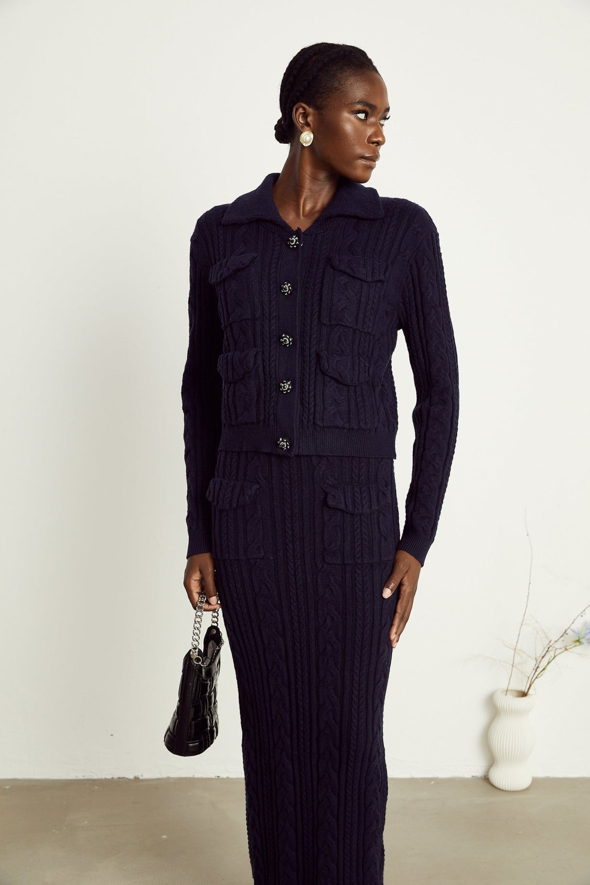 Jolanda Jacket & Skirt Navy Blue Knit Matching Set