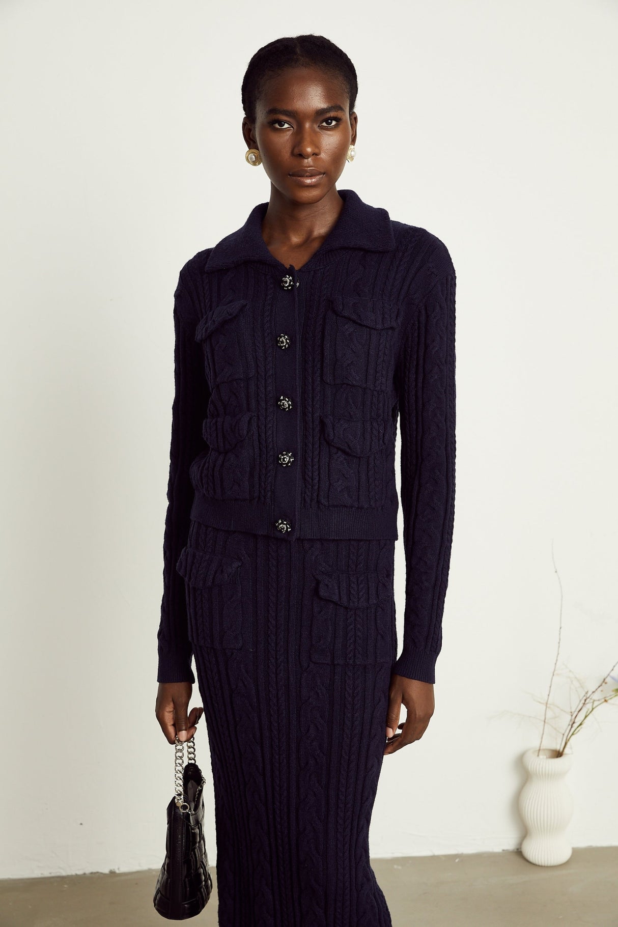 Jolanda Jacket & Skirt Navy Blue Knit Matching Set