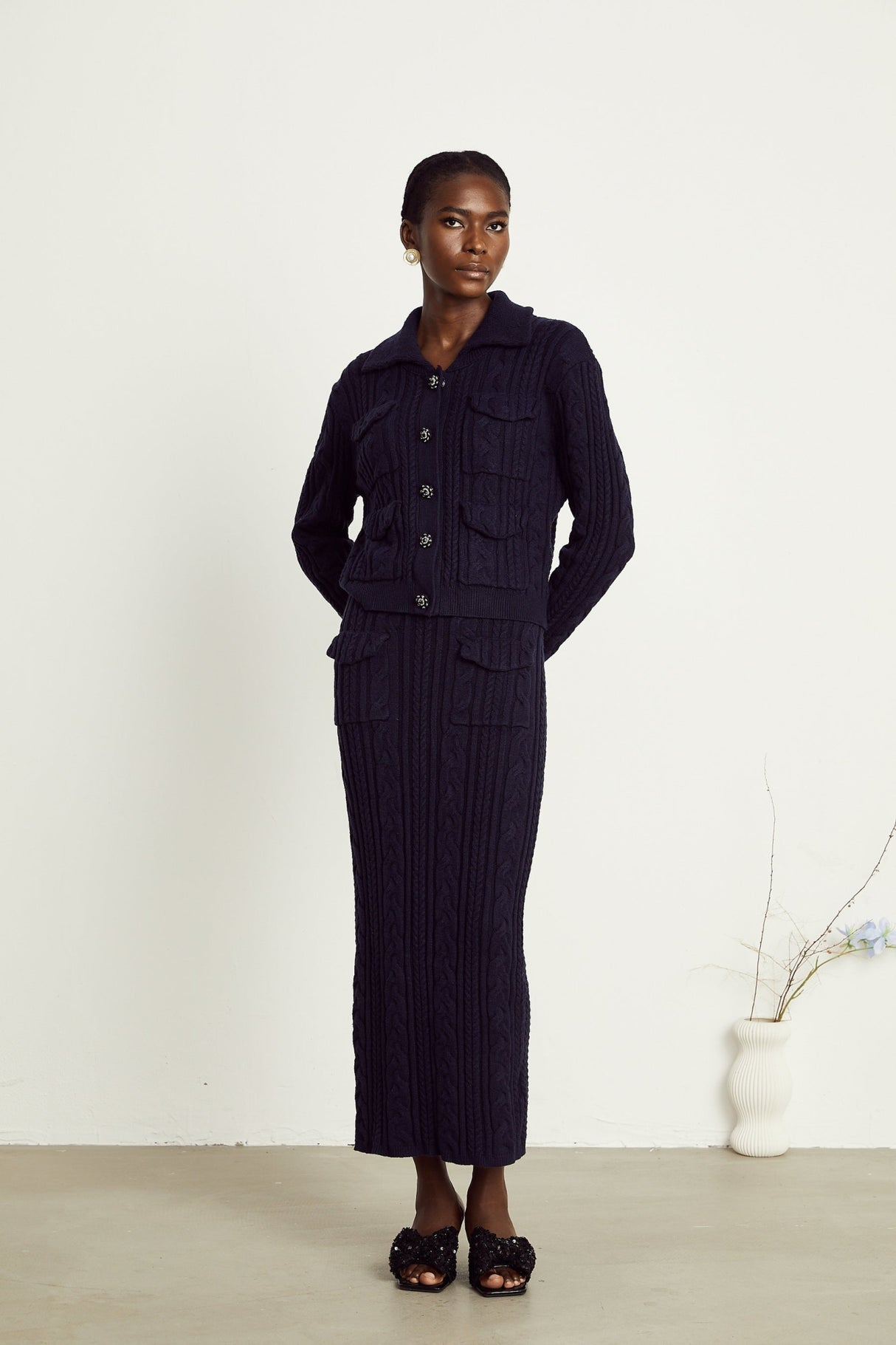 Jolanda Jacket & Skirt Navy Blue Knit Matching Set