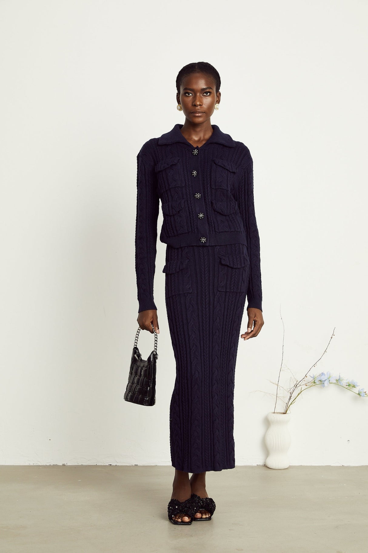 Jolanda Jacket & Skirt Navy Blue Knit Matching Set