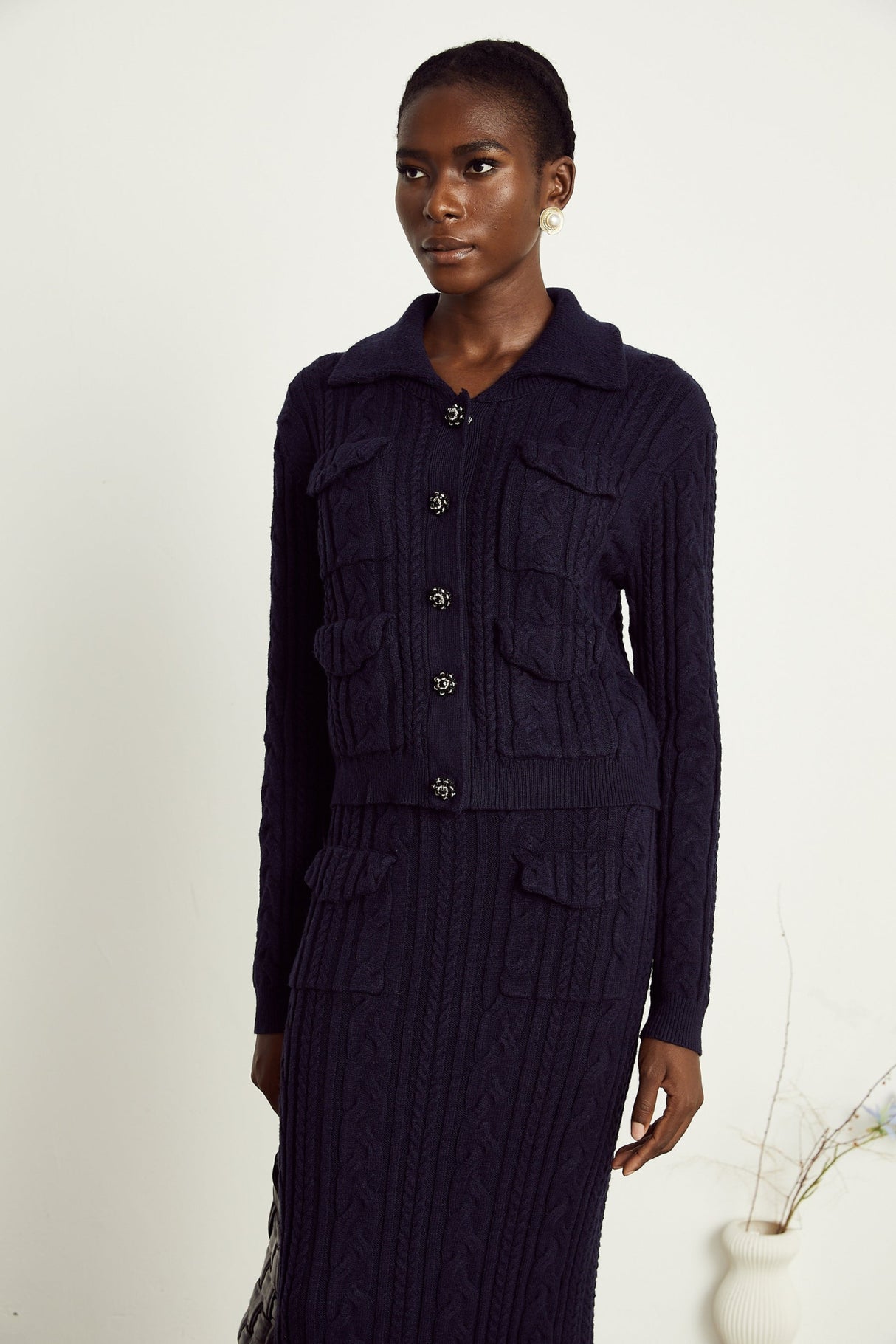 Jolanda Jacket & Skirt Navy Blue Knit Matching Set