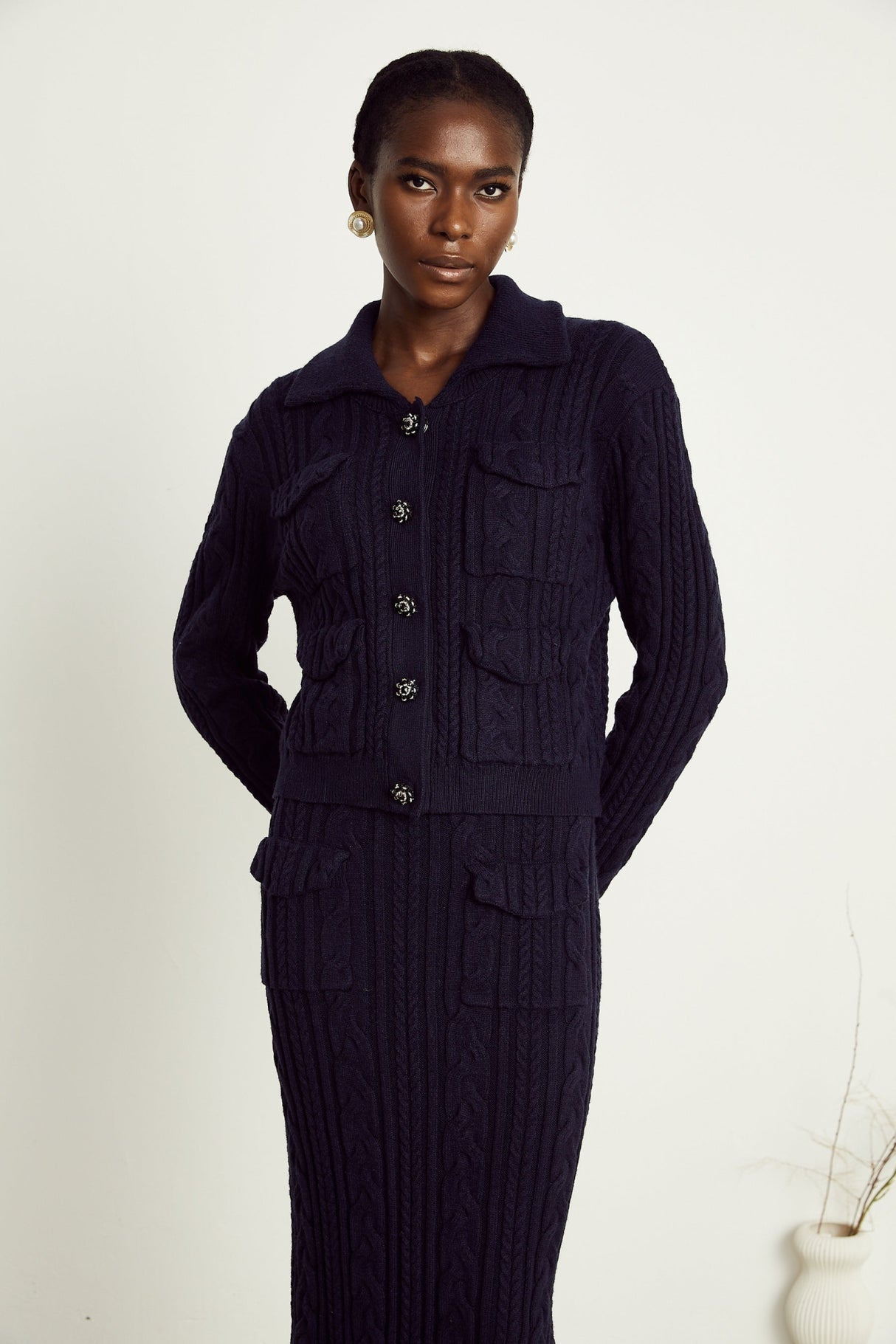 Jolanda Jacket & Skirt Navy Blue Knit Matching Set