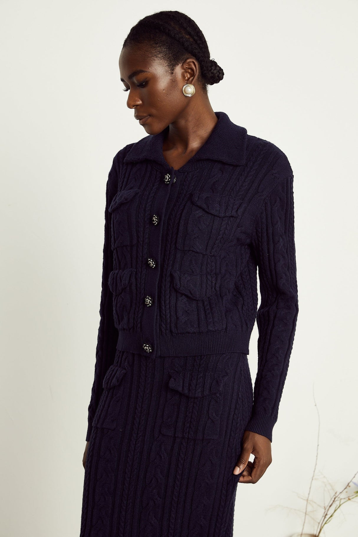 Jolanda Jacket & Skirt Navy Blue Knit Matching Set