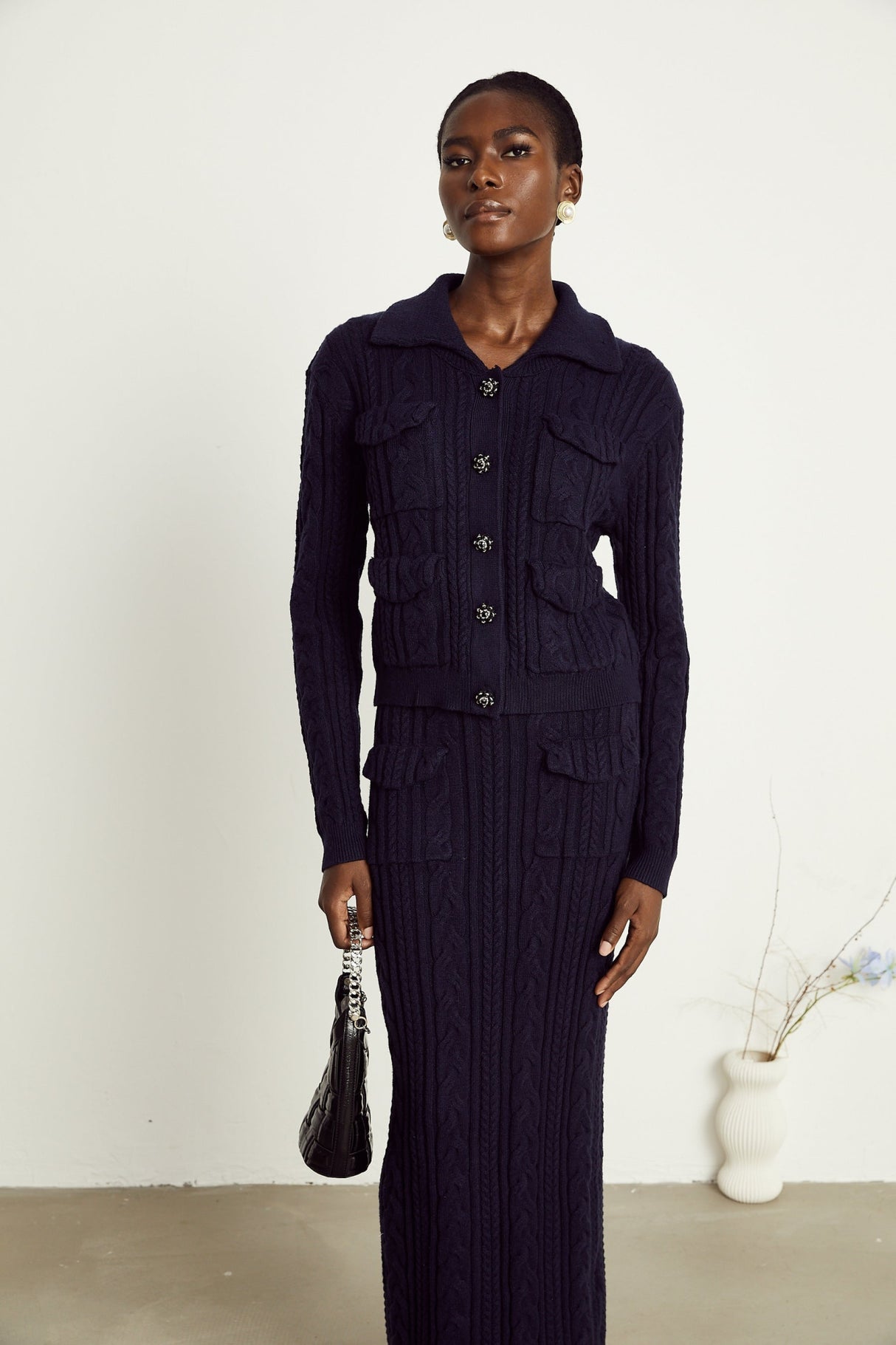 Jolanda Jacket & Skirt Navy Blue Knit Matching Set