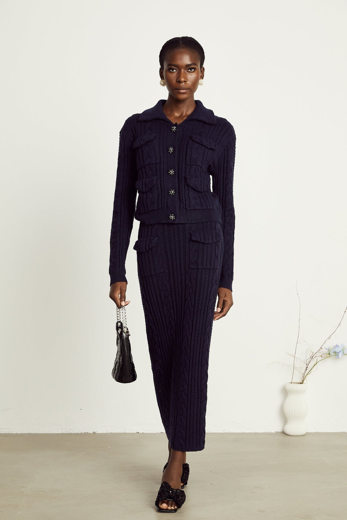 Jolanda Jacket & Skirt Navy Blue Knit Matching Set