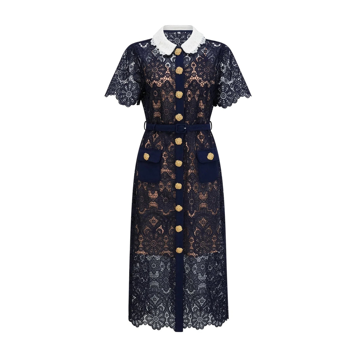 Jordan Midi Dress Blue Floral Crochet Lace & Belted Scalloped Hem