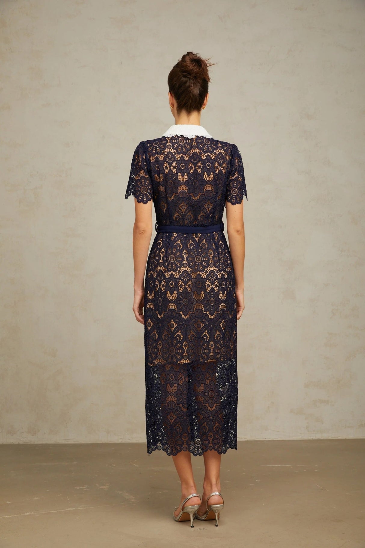 Jordan Midi Dress Blue Floral Crochet Lace & Belted Scalloped Hem