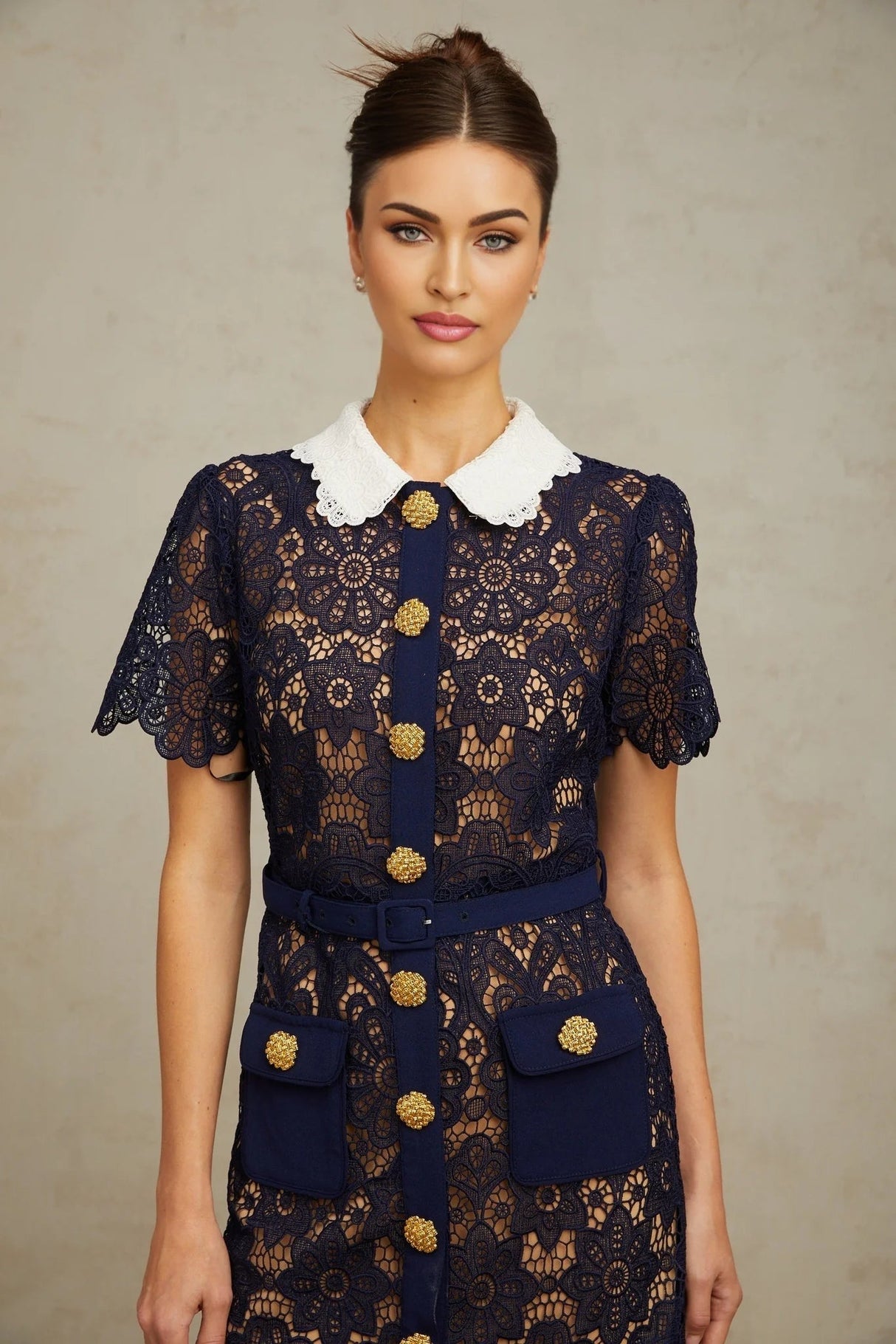 Jordan Midi Dress Blue Floral Crochet Lace & Belted Scalloped Hem