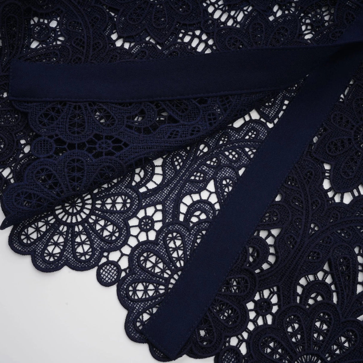 Jordan Midi Dress Blue Floral Crochet Lace & Belted Scalloped Hem