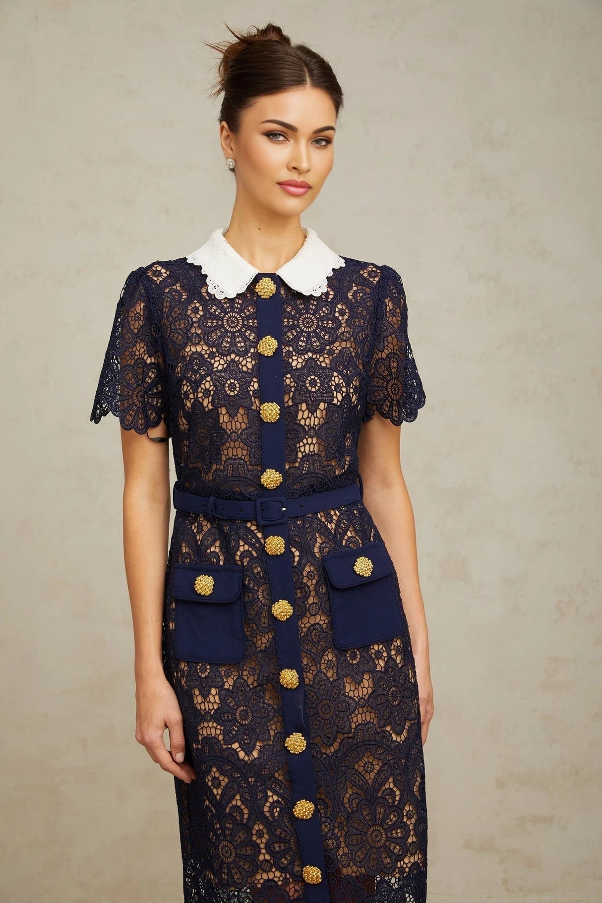Jordan Midi Dress Blue Floral Crochet Lace & Belted Scalloped Hem
