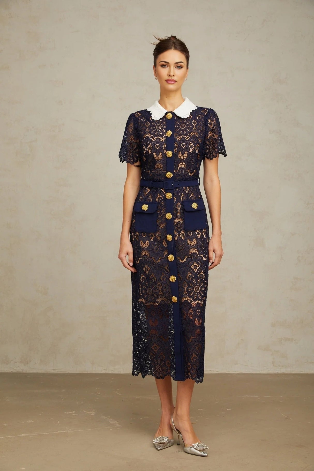 Jordan Midi Dress Blue Floral Crochet Lace & Belted Scalloped Hem