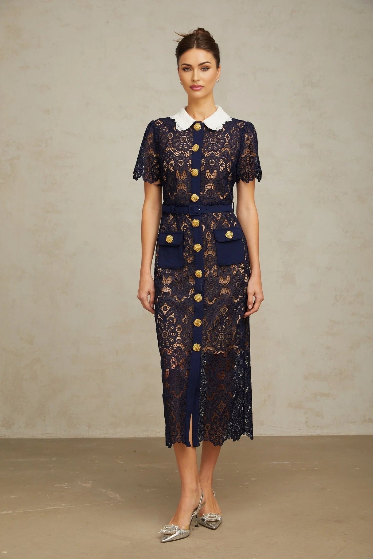Jordan Midi Dress Blue Floral Crochet Lace & Belted Scalloped Hem