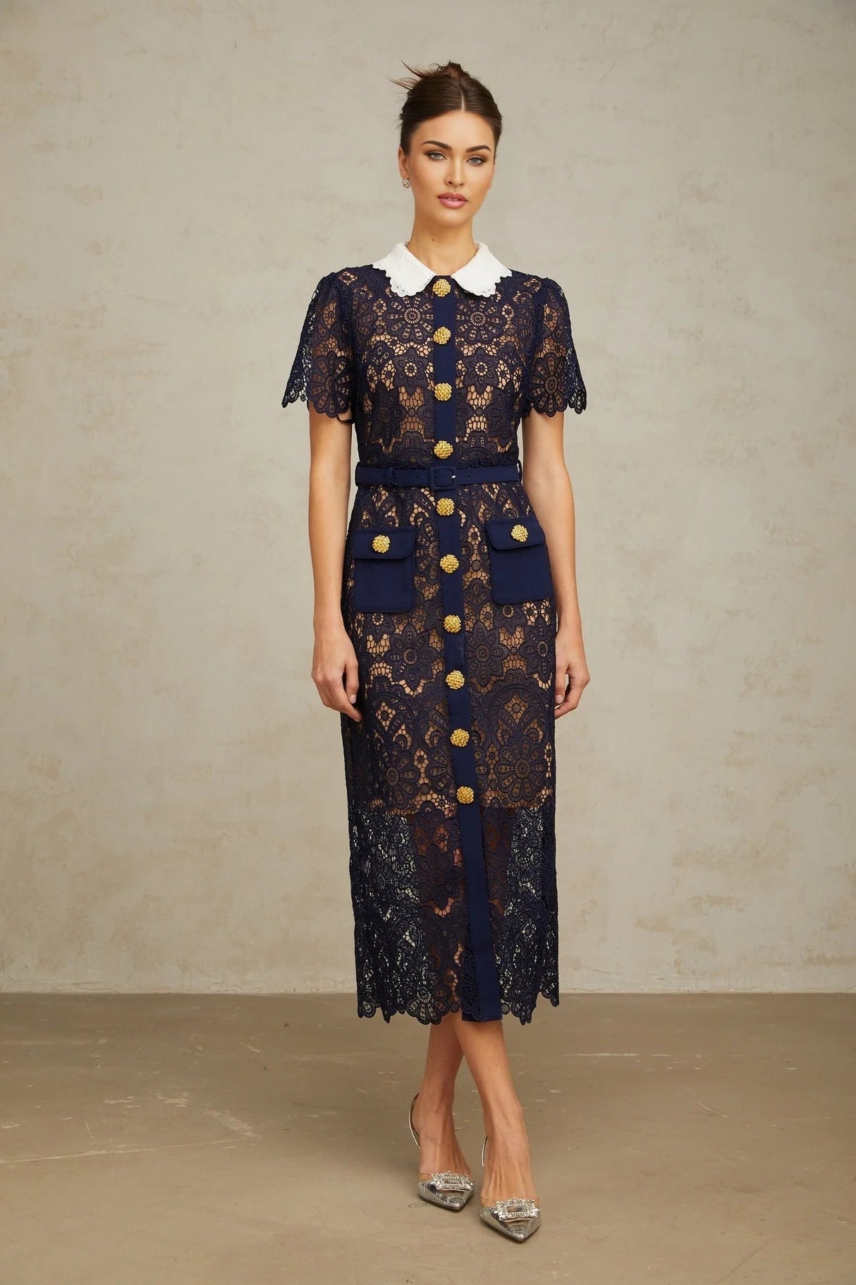 Jordan Midi Dress Blue Floral Crochet Lace & Belted Scalloped Hem