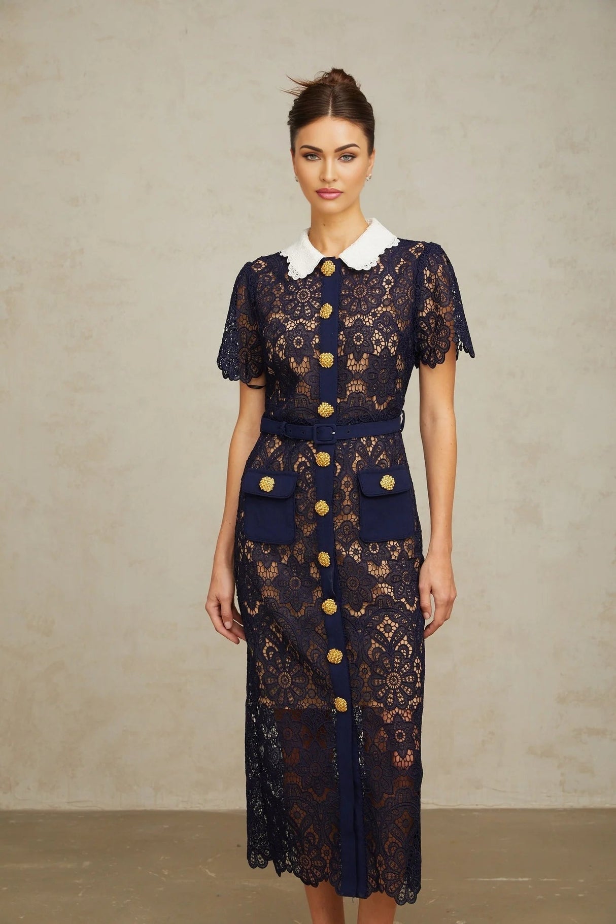 Jordan Midi Dress Blue Floral Crochet Lace & Belted Scalloped Hem