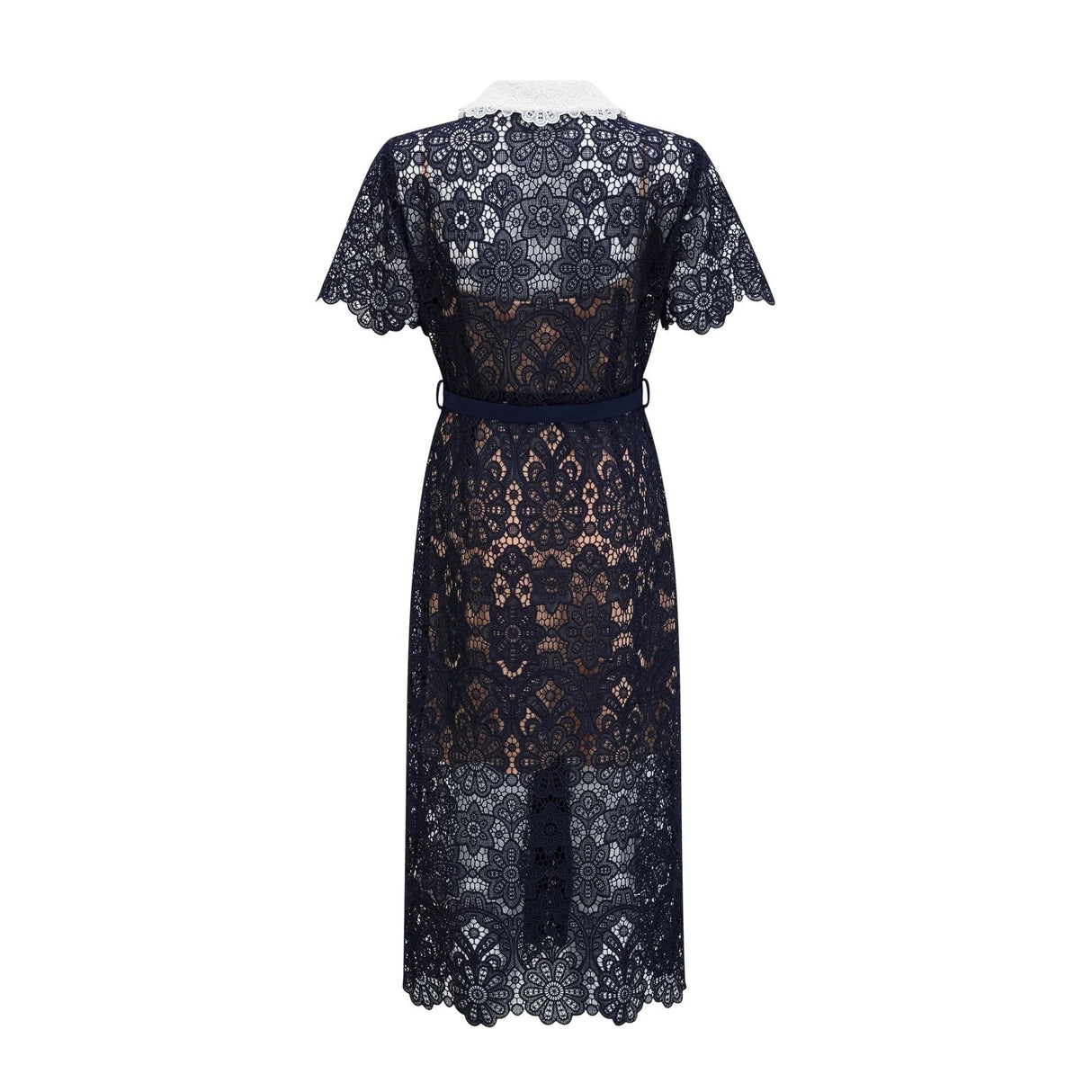 Jordan Midi Dress Blue Floral Crochet Lace & Belted Scalloped Hem