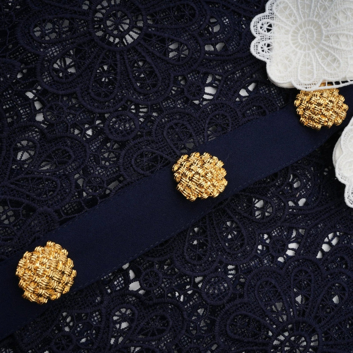 Jordan Midi Dress Blue Floral Crochet Lace & Belted Scalloped Hem