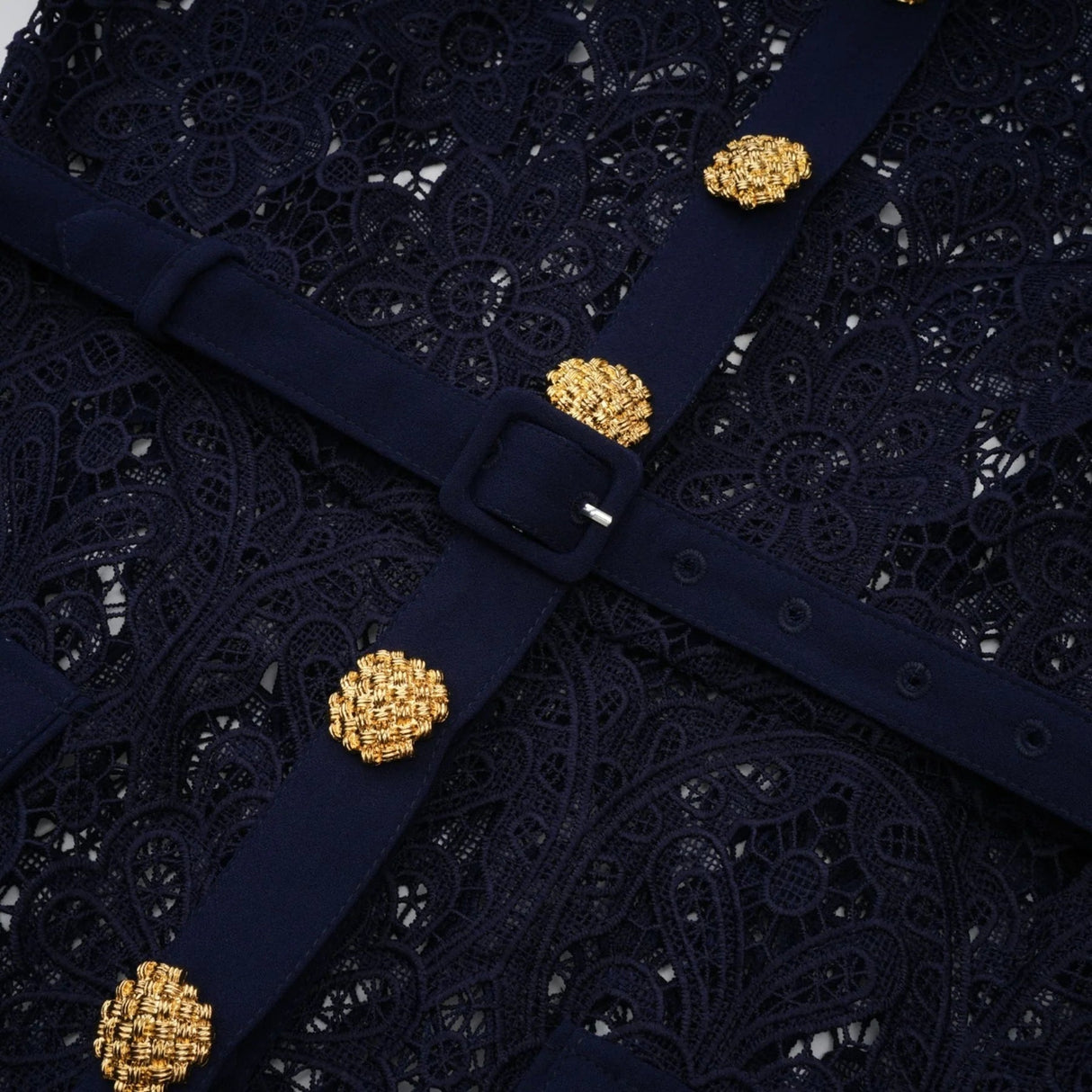 Jordan Midi Dress Blue Floral Crochet Lace & Belted Scalloped Hem