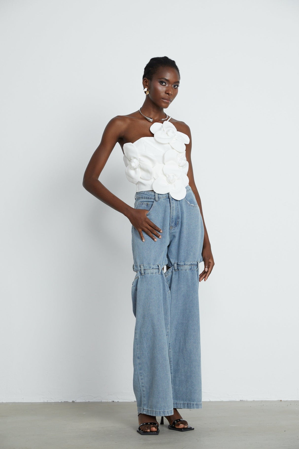 Josephine Floral Top Halterneck Applique White