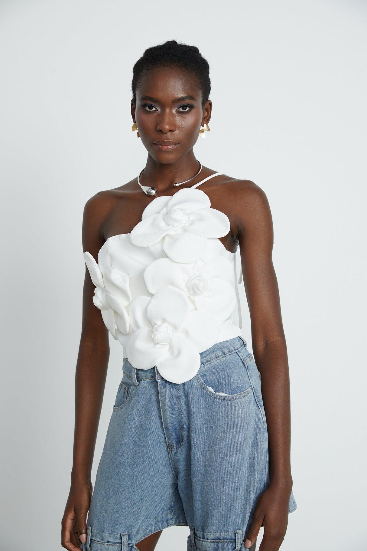 Josephine Floral Top Halterneck Applique White