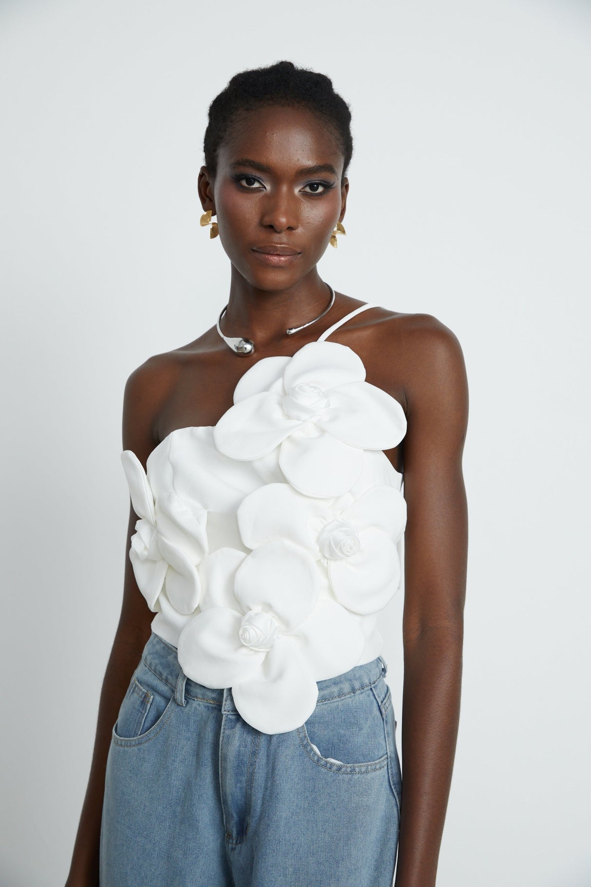 Josephine Floral Top Halterneck Applique White