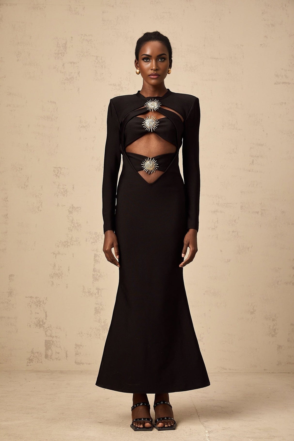 Josephine Midi Dress Black Sun Cut Out Open Back Mermaid Hem