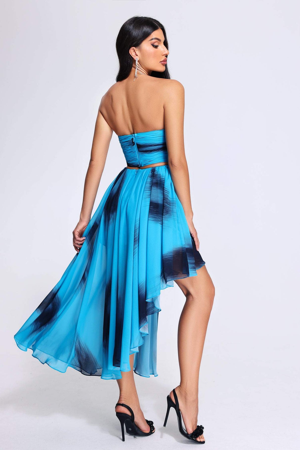Ornella Midi Dress - Strapless - Cut-Out Detailing - High-Low Hemline - Lightweight Mesh - Mesmerizing Print