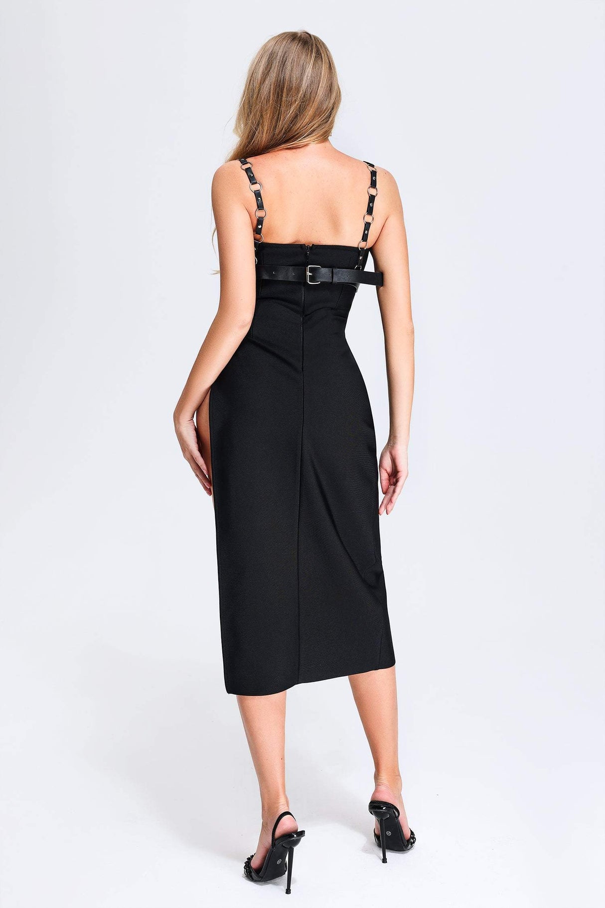 Sonia Midi Dress - High Slit - Weaved Detailing - Form-Fitting Silhouette - Adjustable Straps - Bold