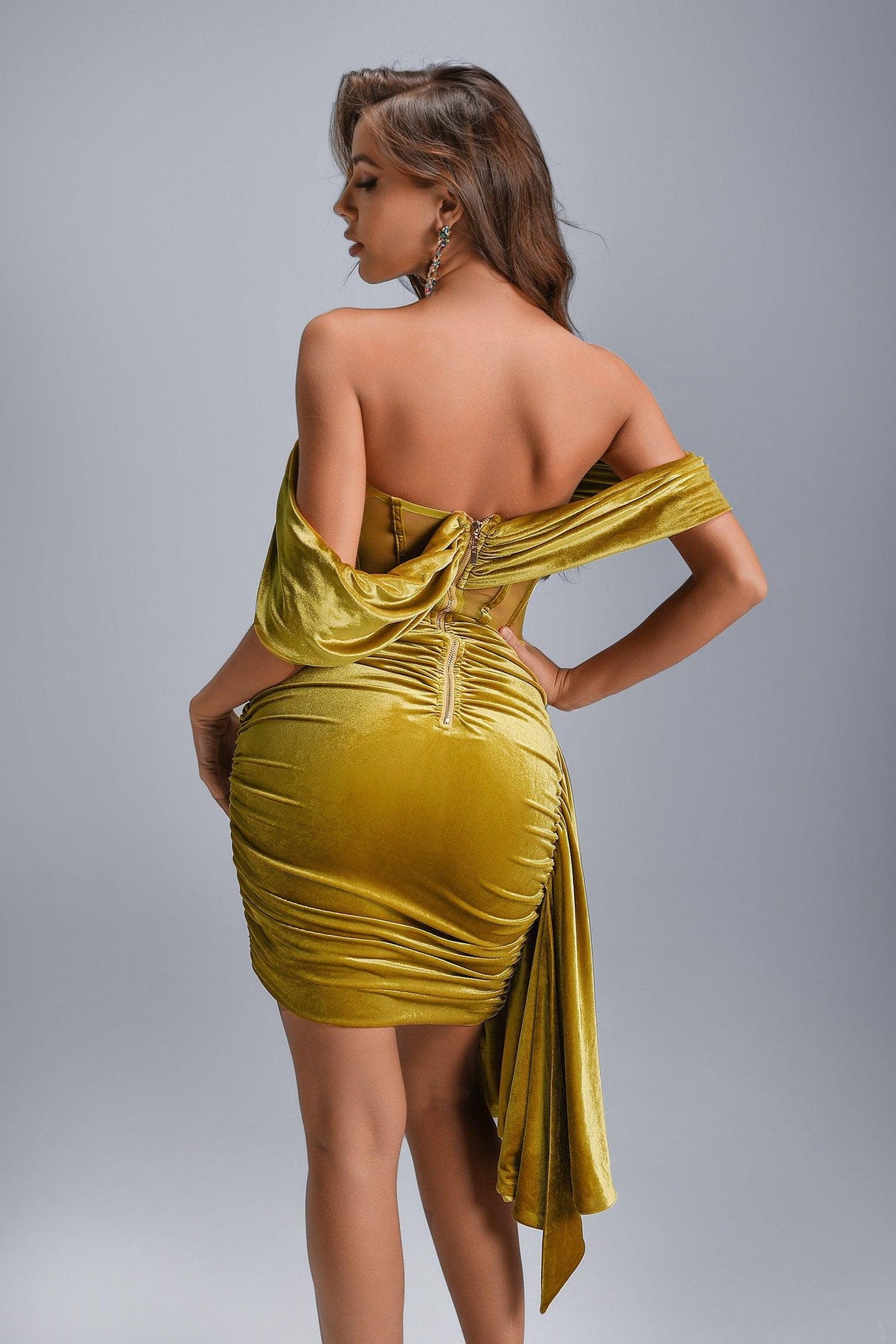 Laney Mini Dress - Off-Shoulder Neckline - Corset Detailing - Luxurious Velvet - Ruched - Ideal For Special Occasions