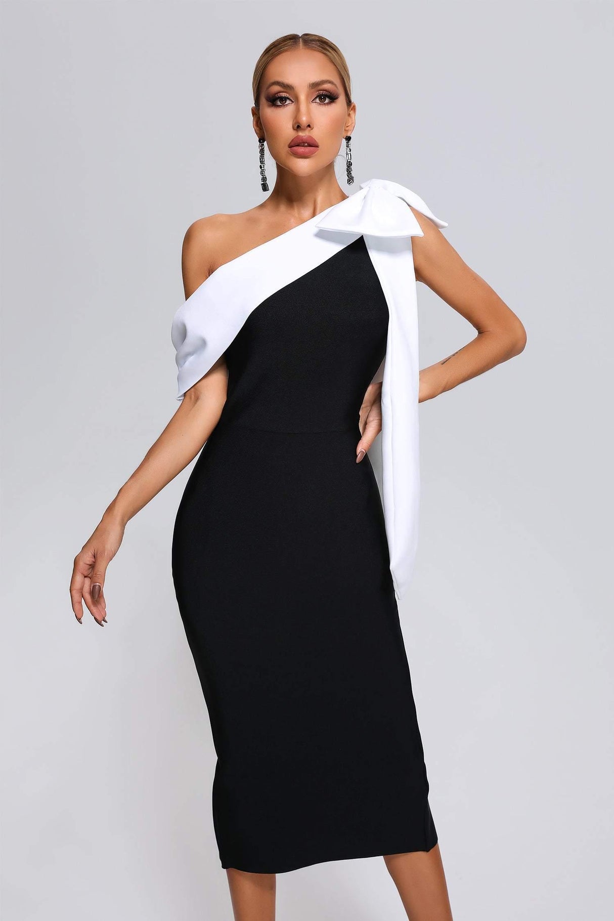 Pellegrina Midi Dress - Asymmetrical Neckline - Fitted Silhouette - Bandage Fabric - Oversized Bow - Evening Events