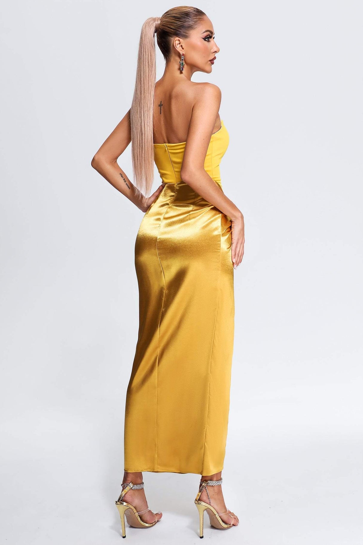 Remi Midi Dress - Strapless Silhouette - Knot Detailing - Side Slit - Luxurious Satin - Modern