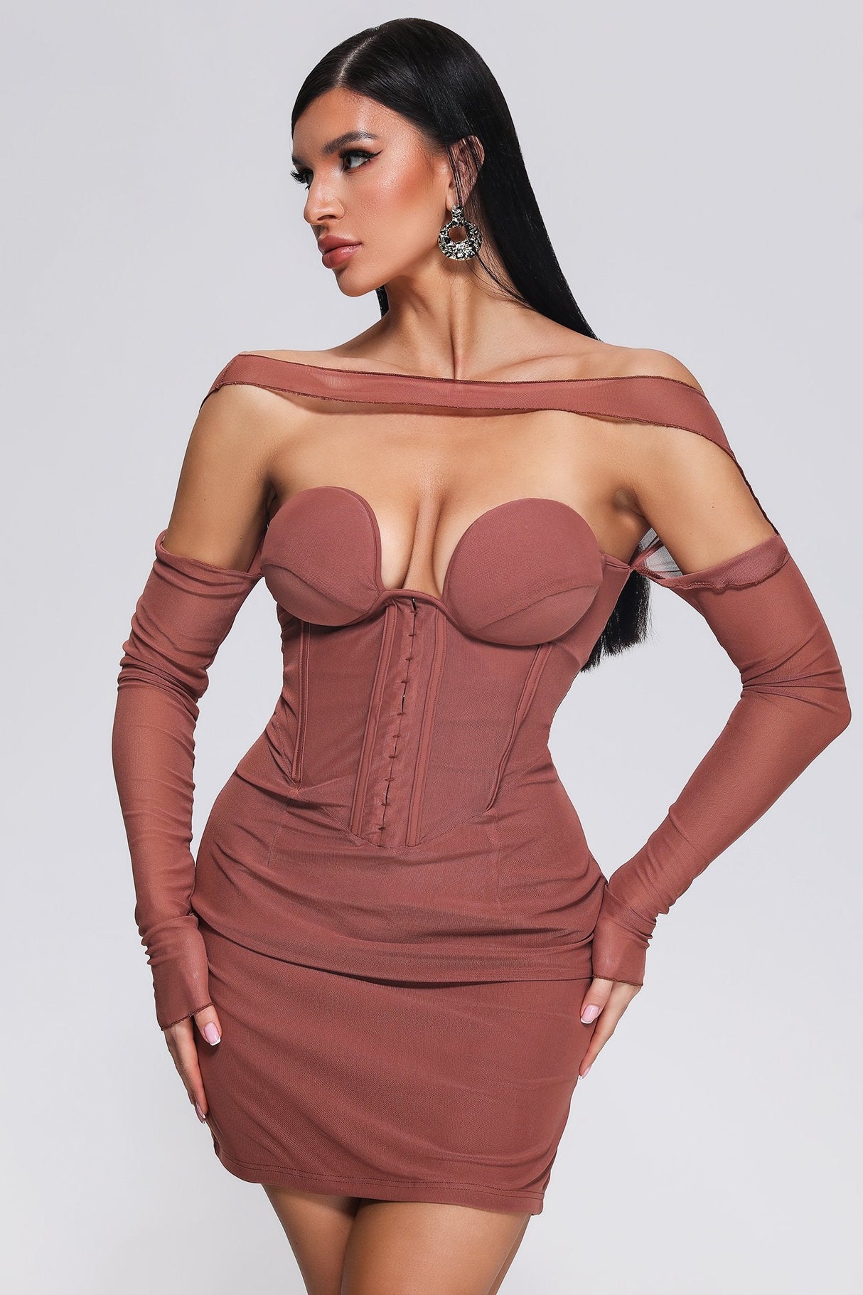Mariella Mini Dress - Off-Shoulder Neckline - Corset Detailing - Fitted Silhouette - Mesh Accents - Versatile Styling