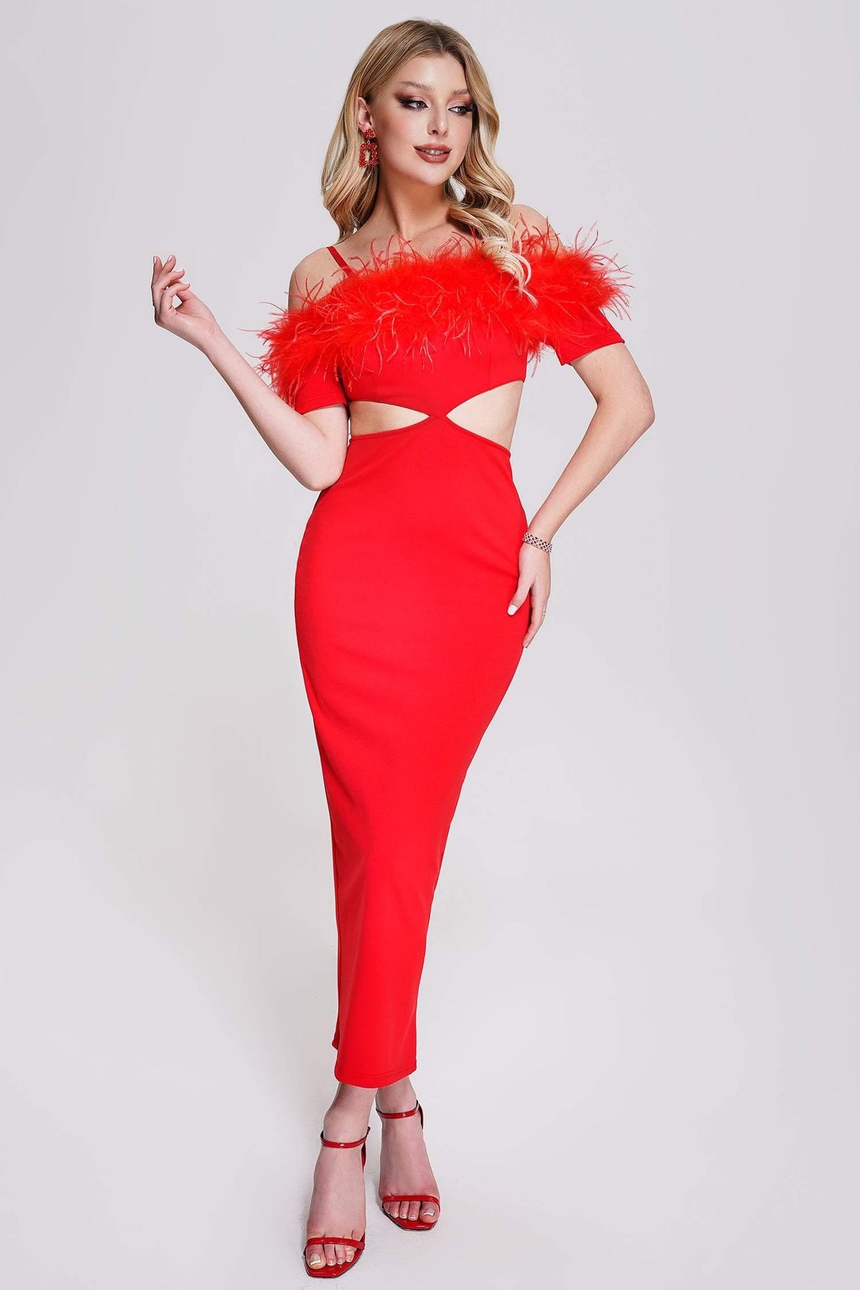 Mattea Midi Dress - Off-The-Shoulder - Feather Embellishments - Cut-Out Detailing - Body-Hugging Silhouette - Versatile Midi Length