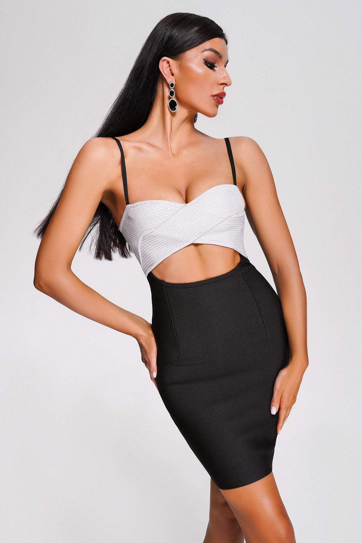 Serafina Mini Dress - Crossed Neckline - Cut-Out Waist Detail - Form-Fitting Bandage - Sophisticated Yet