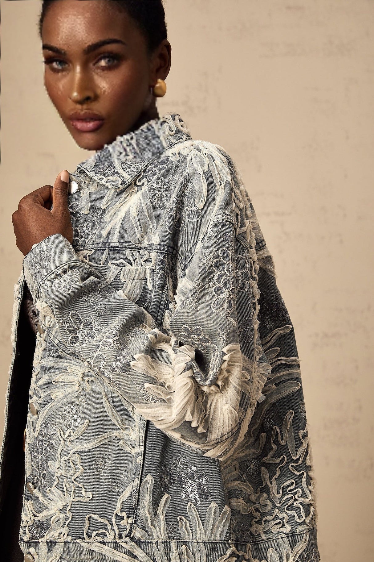 Julia Denim Jacket Blue Sequined Flower Embroidery & Rhinestone