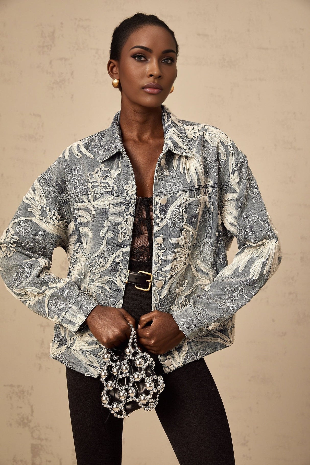 Julia Denim Jacket Blue Sequined Flower Embroidery & Rhinestone