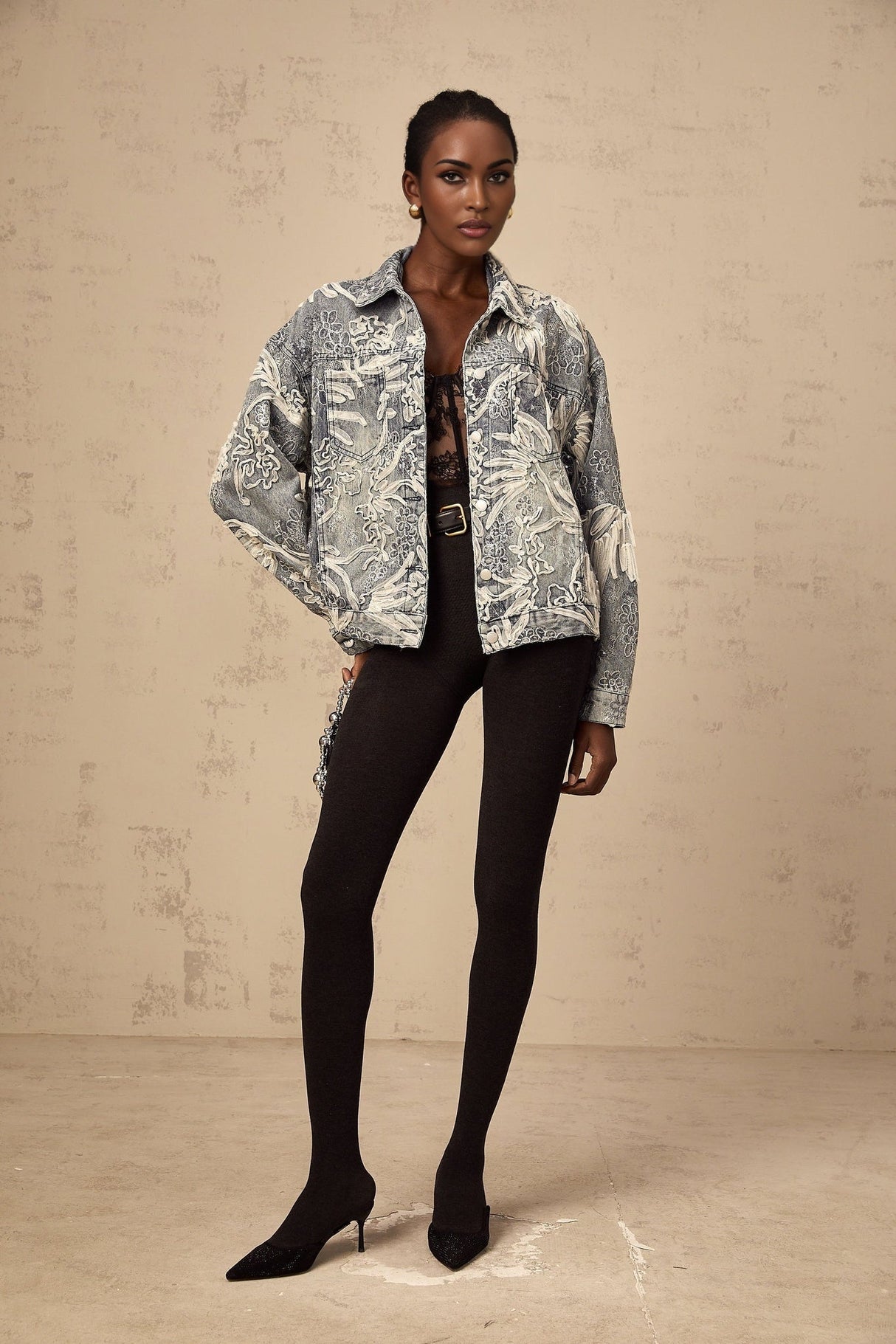 Julia Denim Jacket Blue Sequined Flower Embroidery & Rhinestone